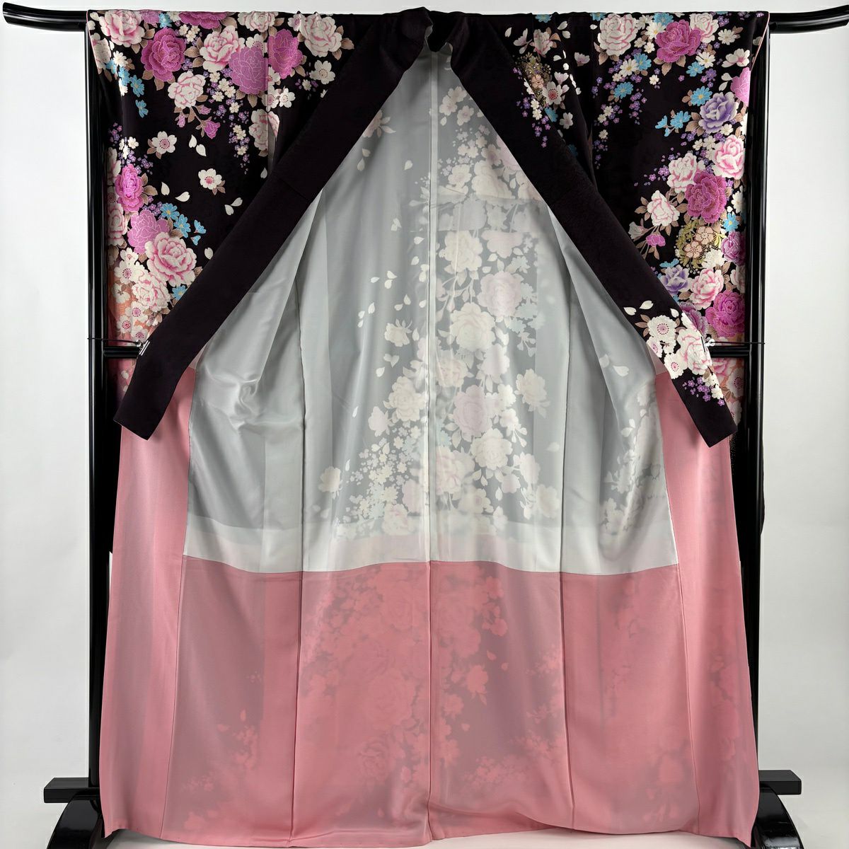 振袖禮服 身長168cm 袖長68.5cm L 雙層 薔薇 櫻花 刺繡 金銀彩 墨 純蠶絲 名品級
