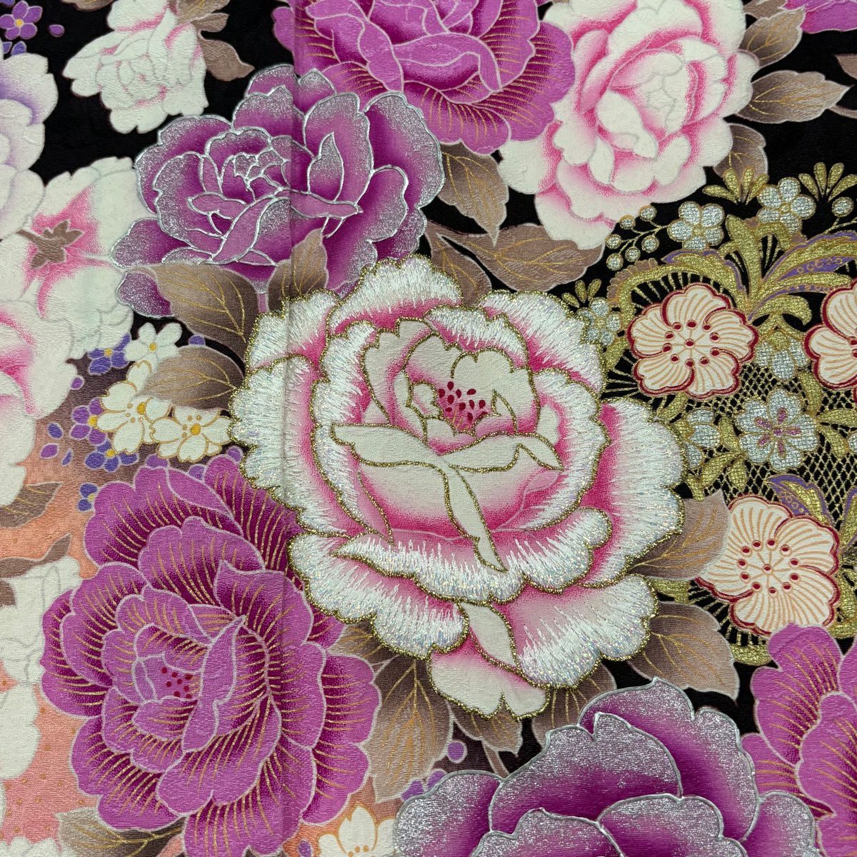 振袖禮服 身長168cm 袖長68.5cm L 雙層 薔薇 櫻花 刺繡 金銀彩 墨 純蠶絲 名品級