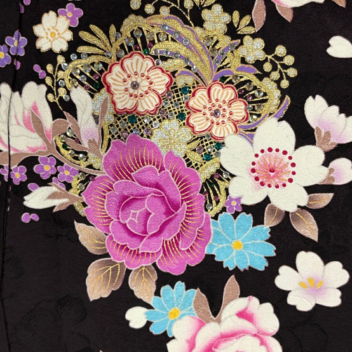 振袖禮服 身長168cm 袖長68.5cm L 雙層 薔薇 櫻花 刺繡 金銀彩 墨 純蠶絲 名品級