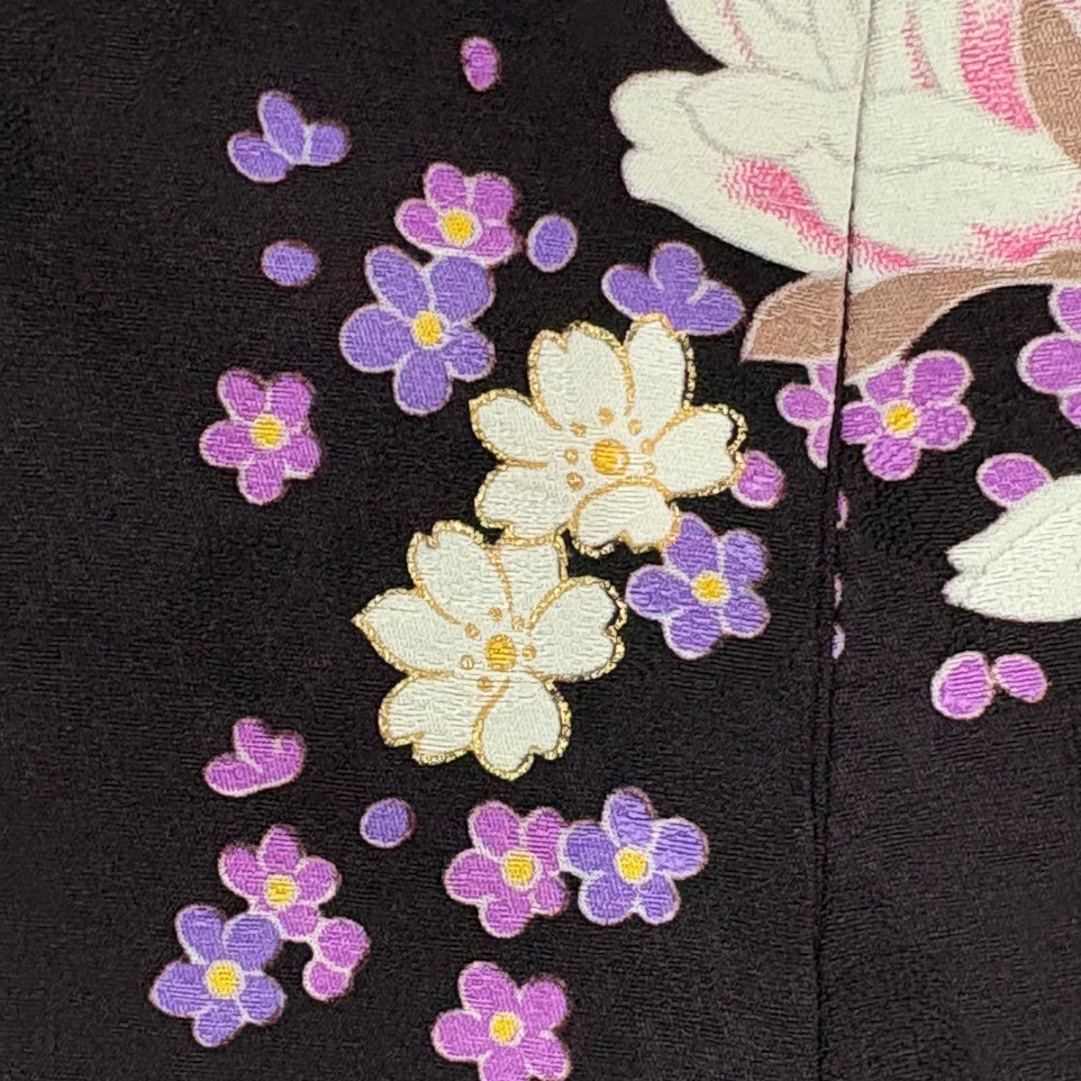 振袖禮服 身長168cm 袖長68.5cm L 雙層 薔薇 櫻花 刺繡 金銀彩 墨 純蠶絲 名品級