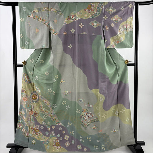 【美品】訪問服 身長164cm 袖長62cm S 雙層 華紋 草花紋紋 金糸 金銀彩 薄綠 純蠶絲 名品級