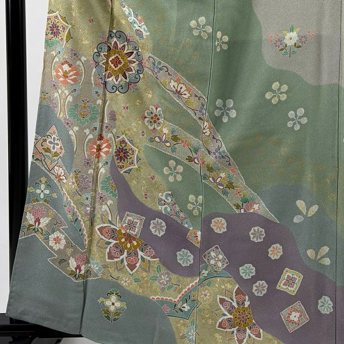 【美品】訪問服 身長164cm 袖長62cm S 雙層 華紋 草花紋紋 金糸 金銀彩 薄綠 純蠶絲 名品級
