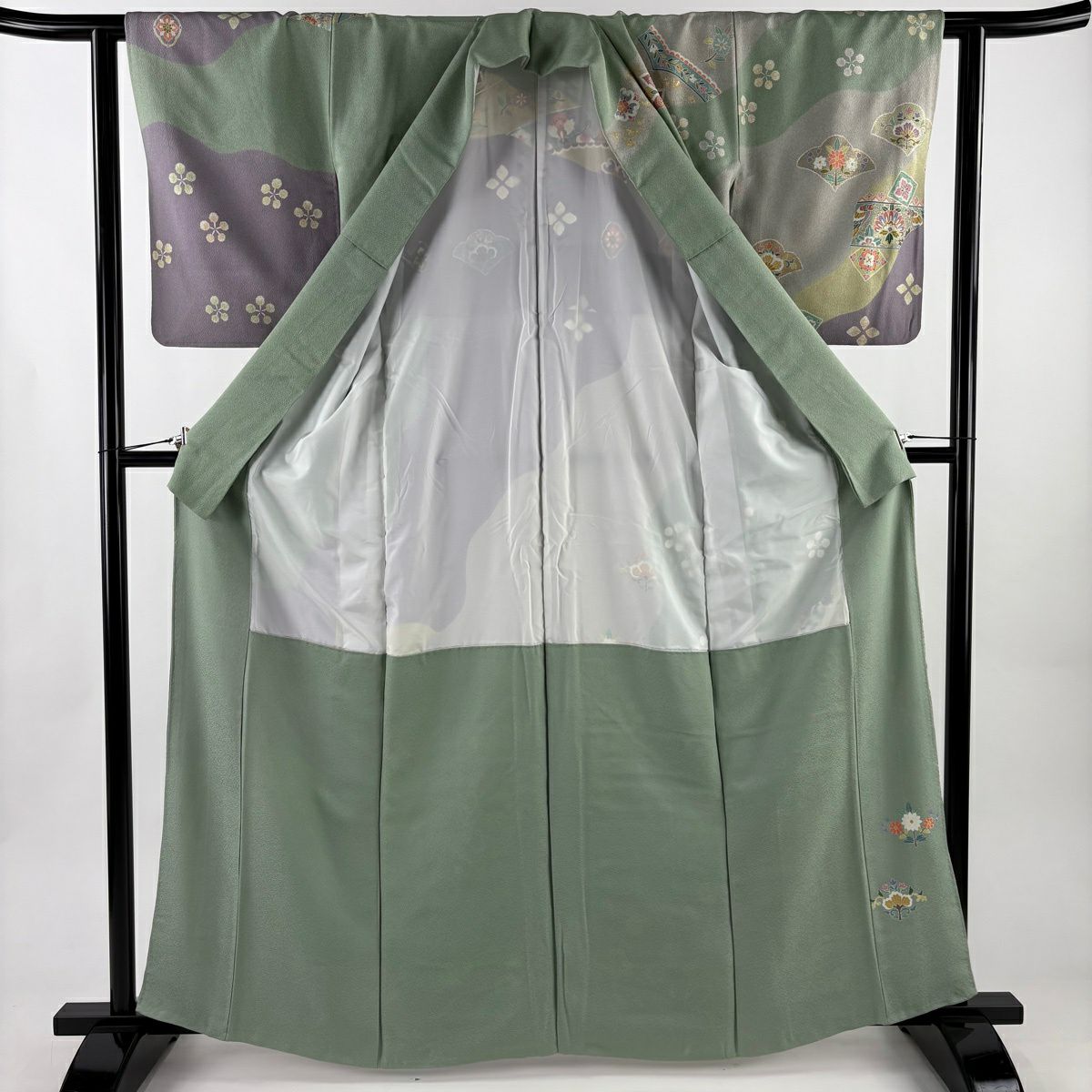 【美品】訪問服 身長164cm 袖長62cm S 雙層 華紋 草花紋紋 金糸 金銀彩 薄綠 純蠶絲 名品級