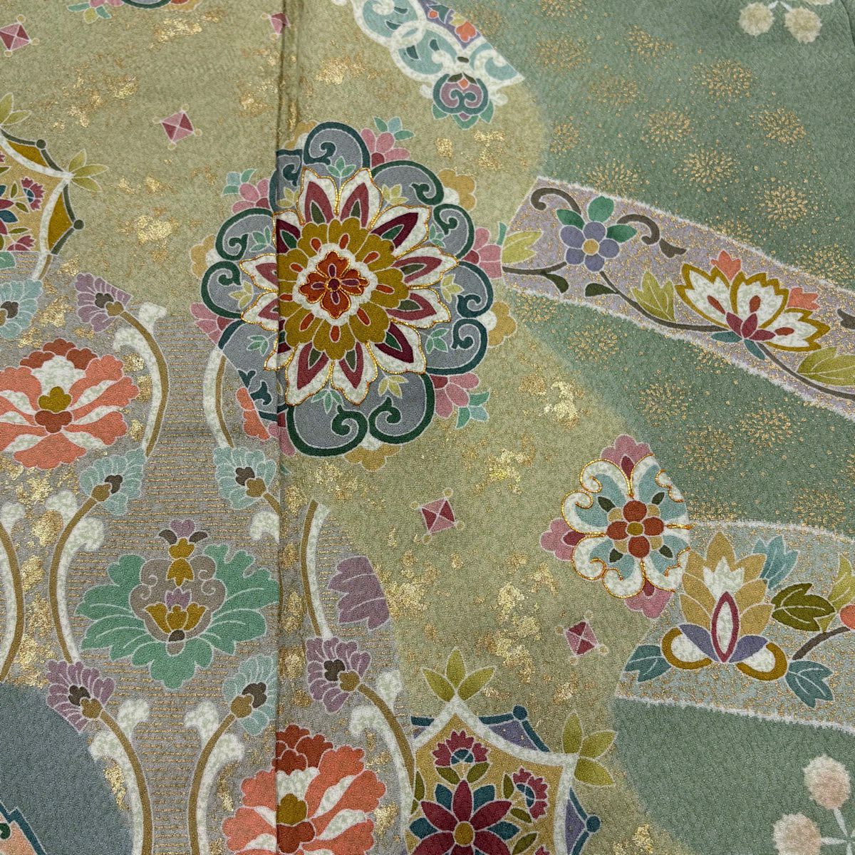 【美品】訪問服 身長164cm 袖長62cm S 雙層 華紋 草花紋紋 金糸 金銀彩 薄綠 純蠶絲 名品級