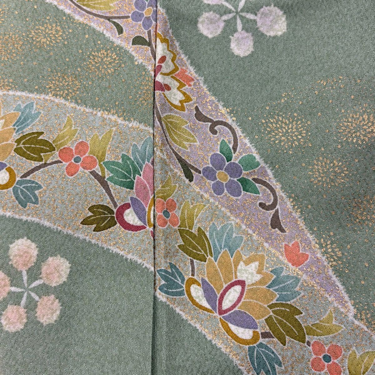 【美品】訪問服 身長164cm 袖長62cm S 雙層 華紋 草花紋紋 金糸 金銀彩 薄綠 純蠶絲 名品級