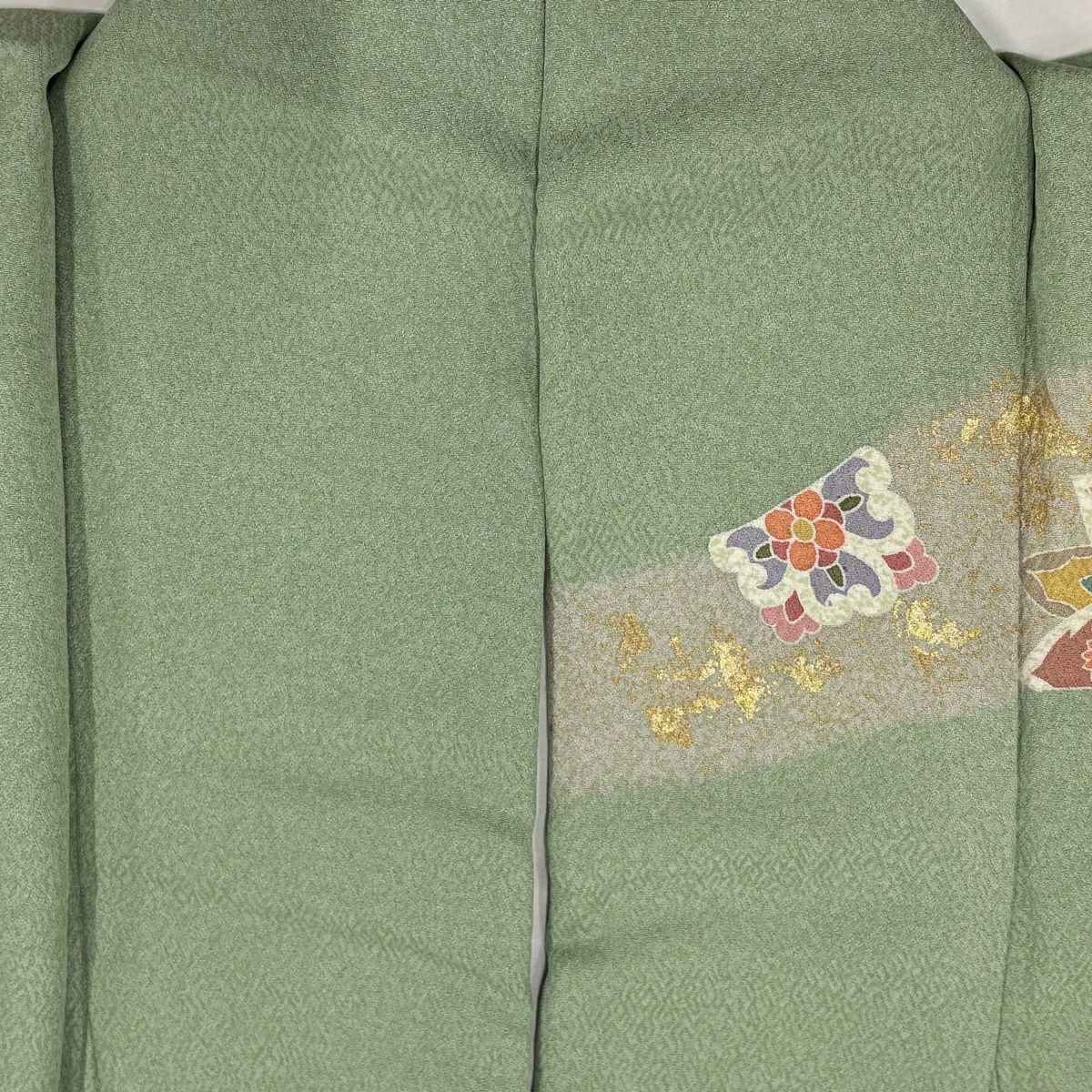 【美品】訪問服 身長164cm 袖長62cm S 雙層 華紋 草花紋紋 金糸 金銀彩 薄綠 純蠶絲 名品級