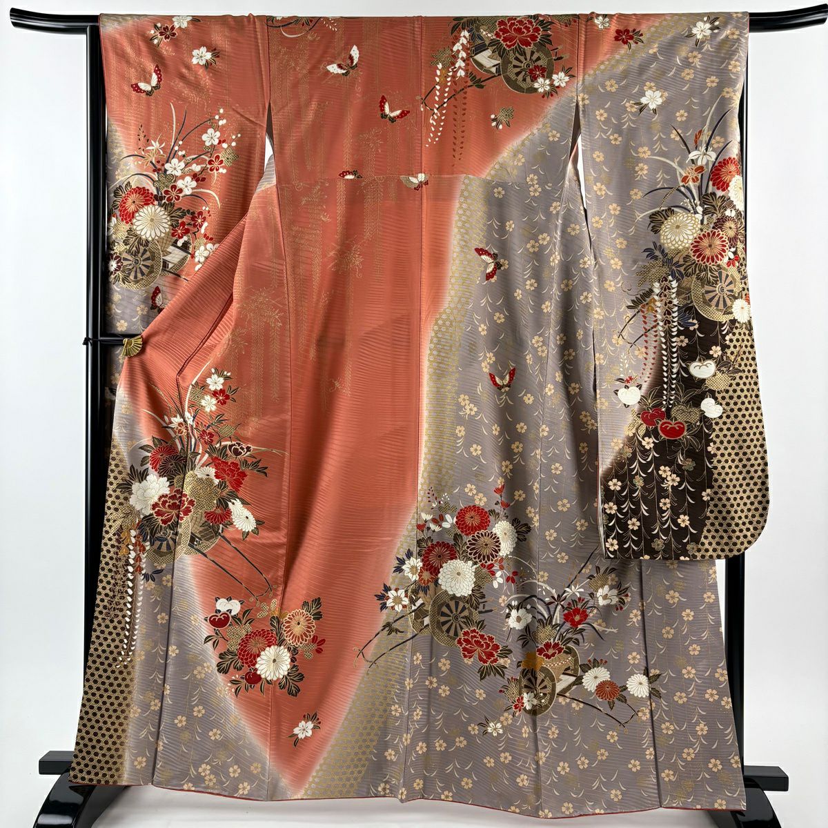 【美品】振袖禮服 身長163.5cm 袖長65.5cm M 雙層 花車 籠目 金絲 金銀彩 鮭粉色 純蠶絲 名品級