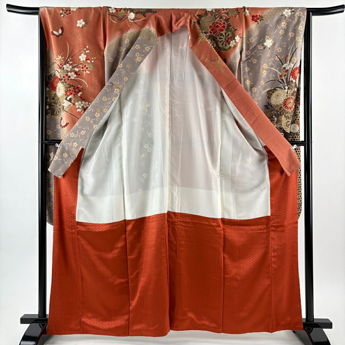 【美品】振袖禮服 身長163.5cm 袖長65.5cm M 雙層 花車 籠目 金絲 金銀彩 鮭粉色 純蠶絲 名品級