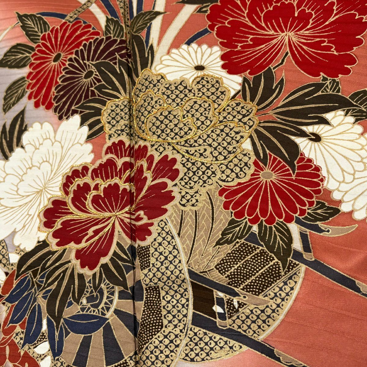 【美品】振袖禮服 身長163.5cm 袖長65.5cm M 雙層 花車 籠目 金絲 金銀彩 鮭粉色 純蠶絲 名品級