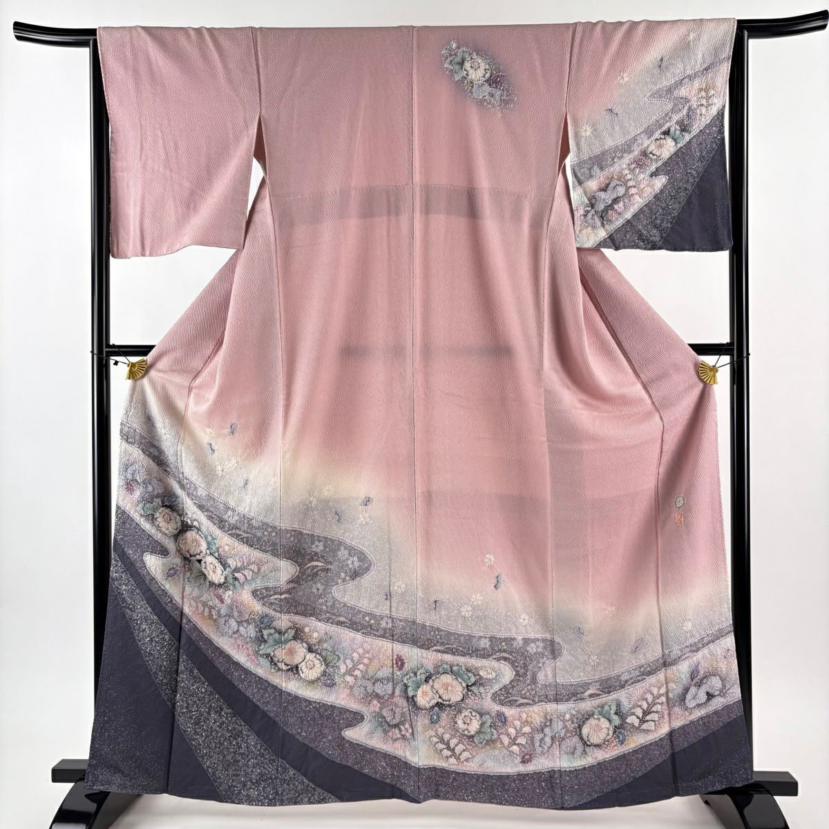 【美品】訪問服 身長163.5cm 袖長65.5cm M 雙層 翠山工房 落款あり 辻花染 漸層 粉紅 純蠶絲 名品級 一つ紋