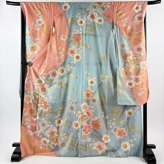 振袖禮服 身長170.5cm 袖長68cm L 雙層 枝梅花 波 金絲 金銀彩 粉紅 純蠶絲 名品級