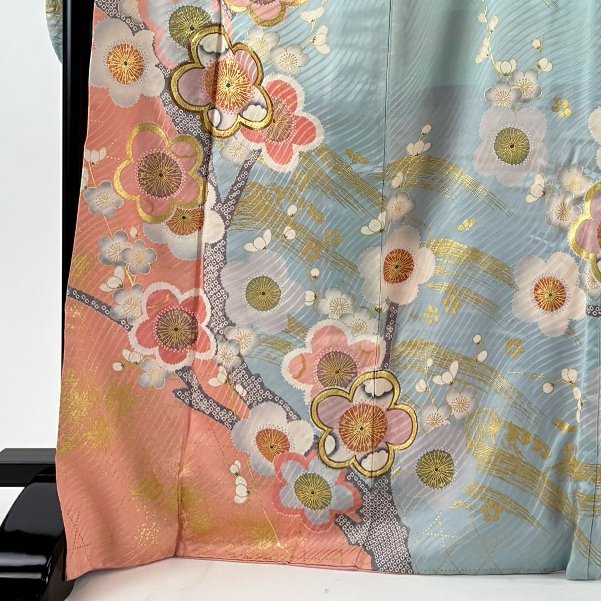 振袖禮服 身長170.5cm 袖長68cm L 雙層 枝梅花 波 金絲 金銀彩 粉紅 純蠶絲 名品級