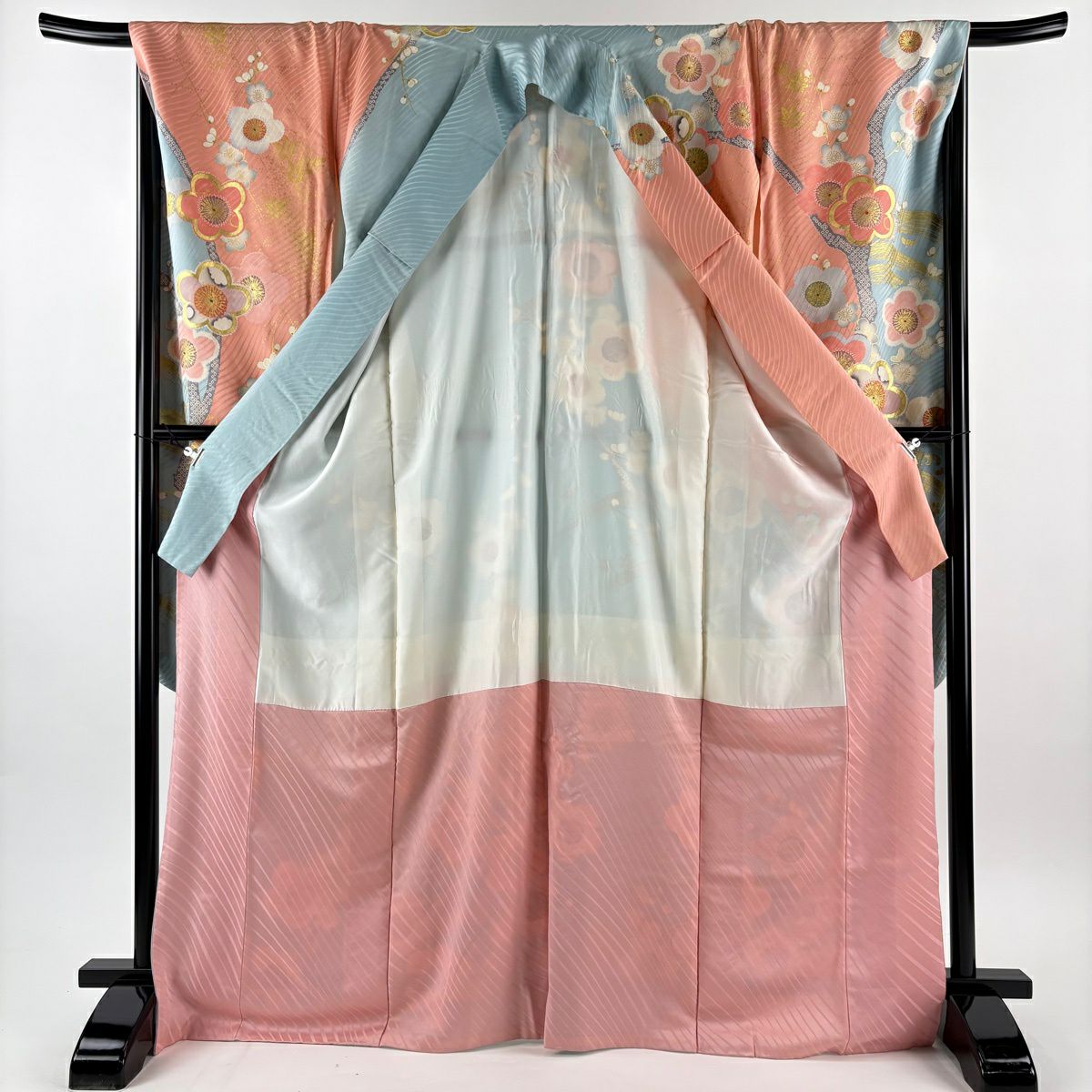 振袖禮服 身長170.5cm 袖長68cm L 雙層 枝梅花 波 金絲 金銀彩 粉紅 純蠶絲 名品級
