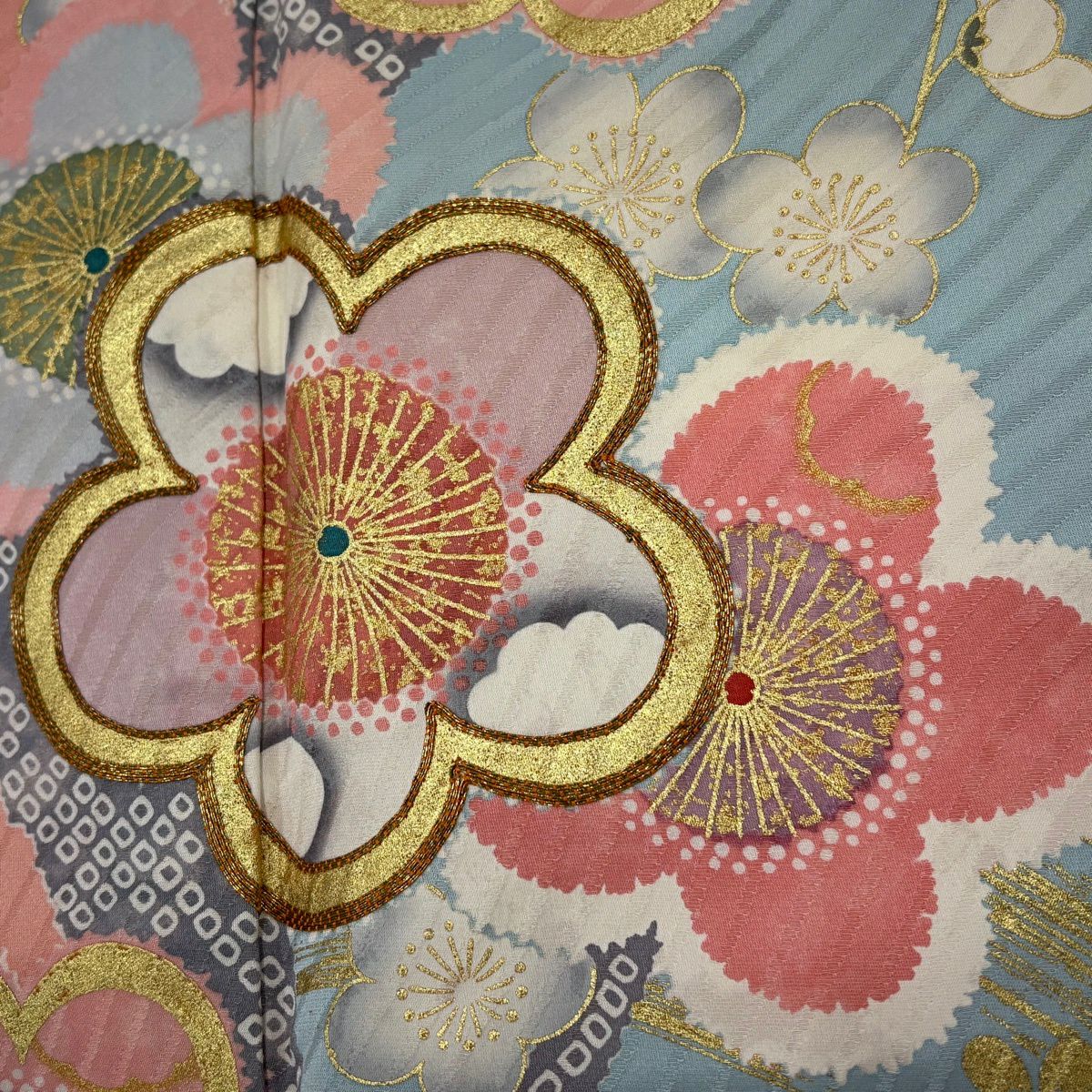 振袖禮服 身長170.5cm 袖長68cm L 雙層 枝梅花 波 金絲 金銀彩 粉紅 純蠶絲 名品級