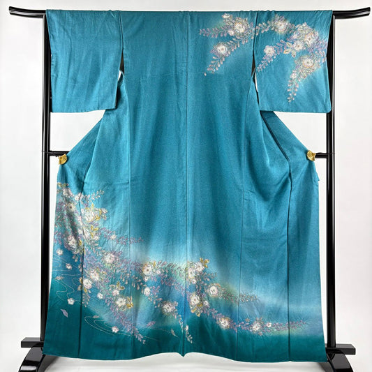 訪問服 身長162.5cm 袖長65cm M 雙層 辻花染 流水 金銀彩 青綠 純蠶絲 名品級