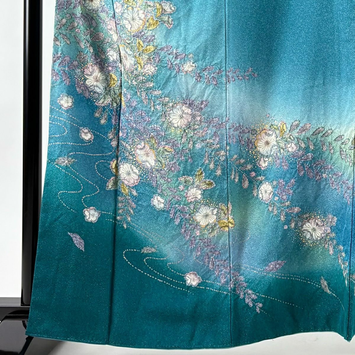 訪問服 身長162.5cm 袖長65cm M 雙層 辻花染 流水 金銀彩 青綠 純蠶絲 名品級