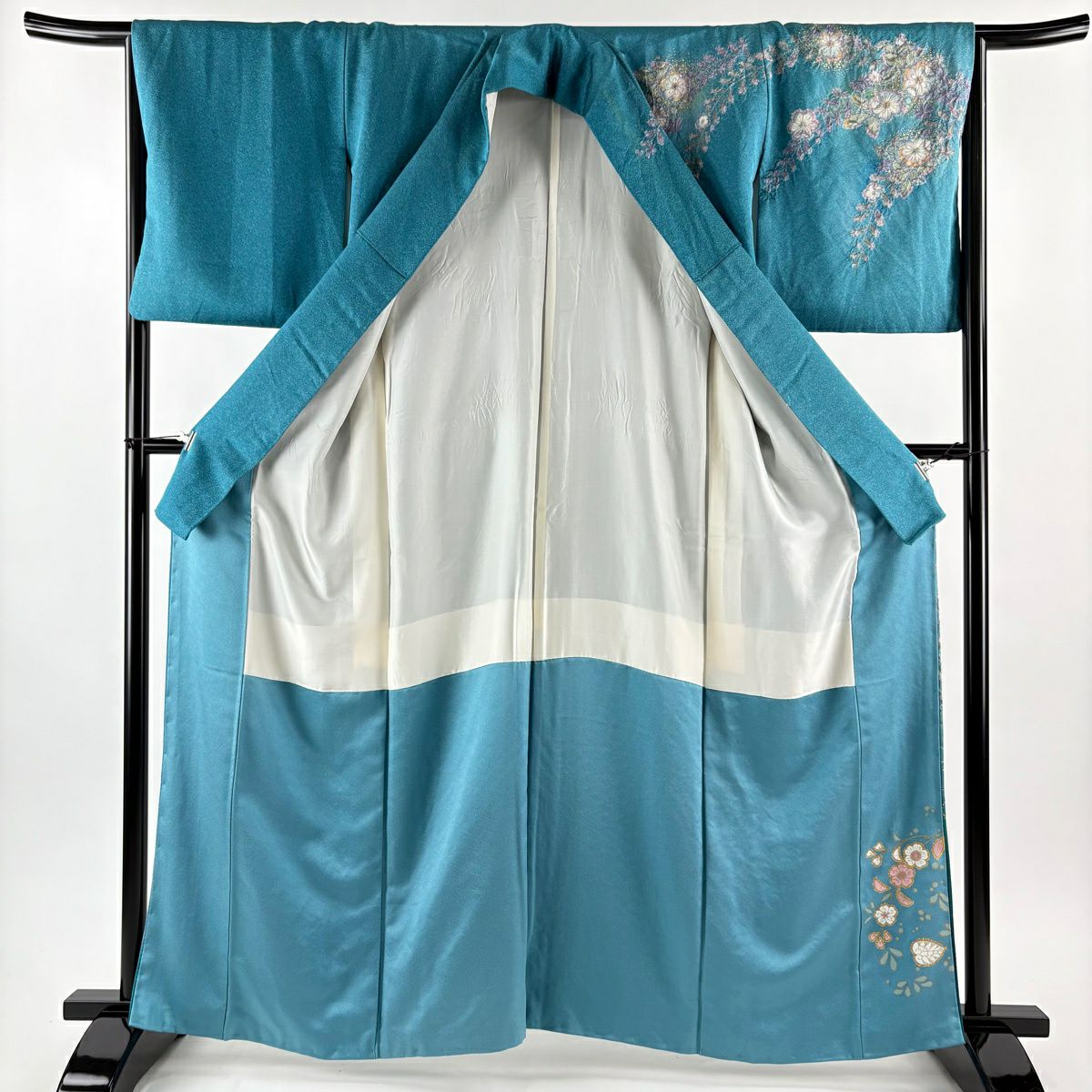 訪問服 身長162.5cm 袖長65cm M 雙層 辻花染 流水 金銀彩 青綠 純蠶絲 名品級