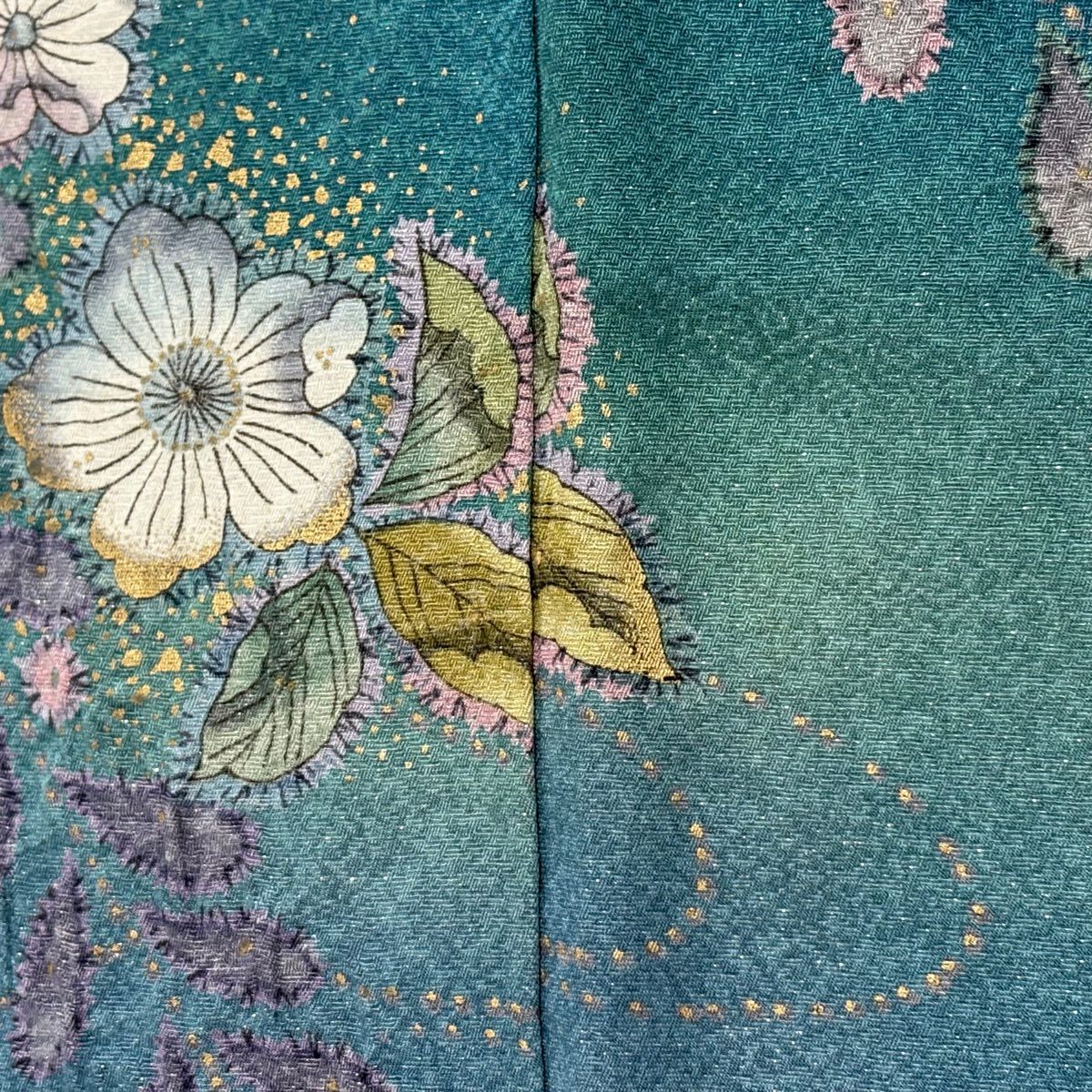 訪問服 身長162.5cm 袖長65cm M 雙層 辻花染 流水 金銀彩 青綠 純蠶絲 名品級
