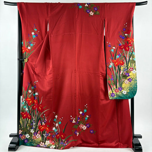 振袖禮服 身長172cm 袖長68cm L 雙層 草花紋紋 菖蒲 金彩裝飾 漸層 紅 純蠶絲 名品級