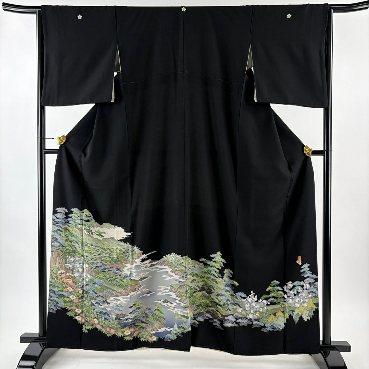 【美品】 黑留袖禮服 身長161cm 袖長64.5cm M 雙層 落款あり 風景 松樹竹子梅花 黑 純蠶絲 名品級