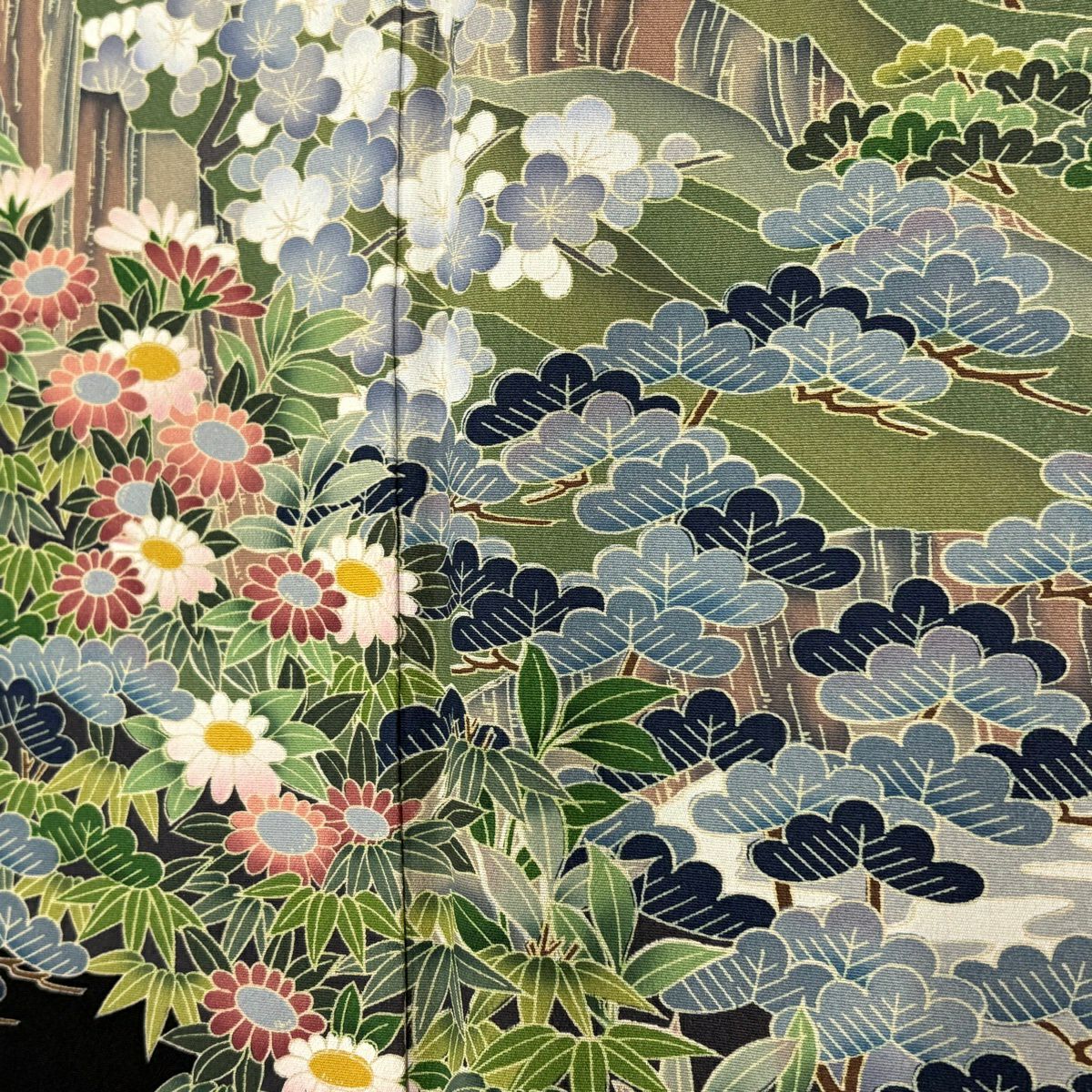 【美品】 黑留袖禮服 身長161cm 袖長64.5cm M 雙層 落款あり 風景 松樹竹子梅花 黑 純蠶絲 名品級