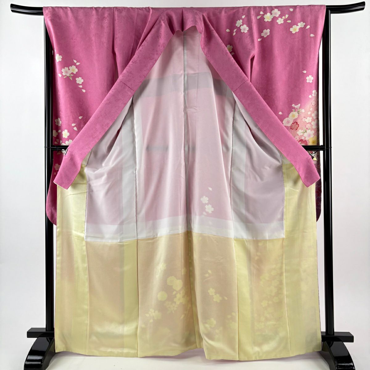 【美品】振袖禮服 身長167cm 袖長66.5cm M 雙層 櫻花 漸層 金銀彩 粉紅 純蠶絲 名品級