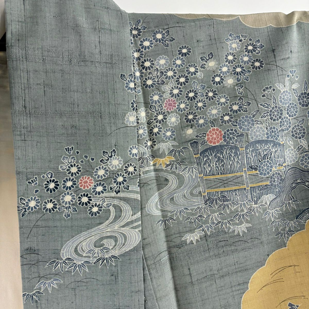 訪問服 身長165cm 袖長65cm M 雙層 紬織織 建物 逆さ雲取 灰綠 純蠶絲 逸品級