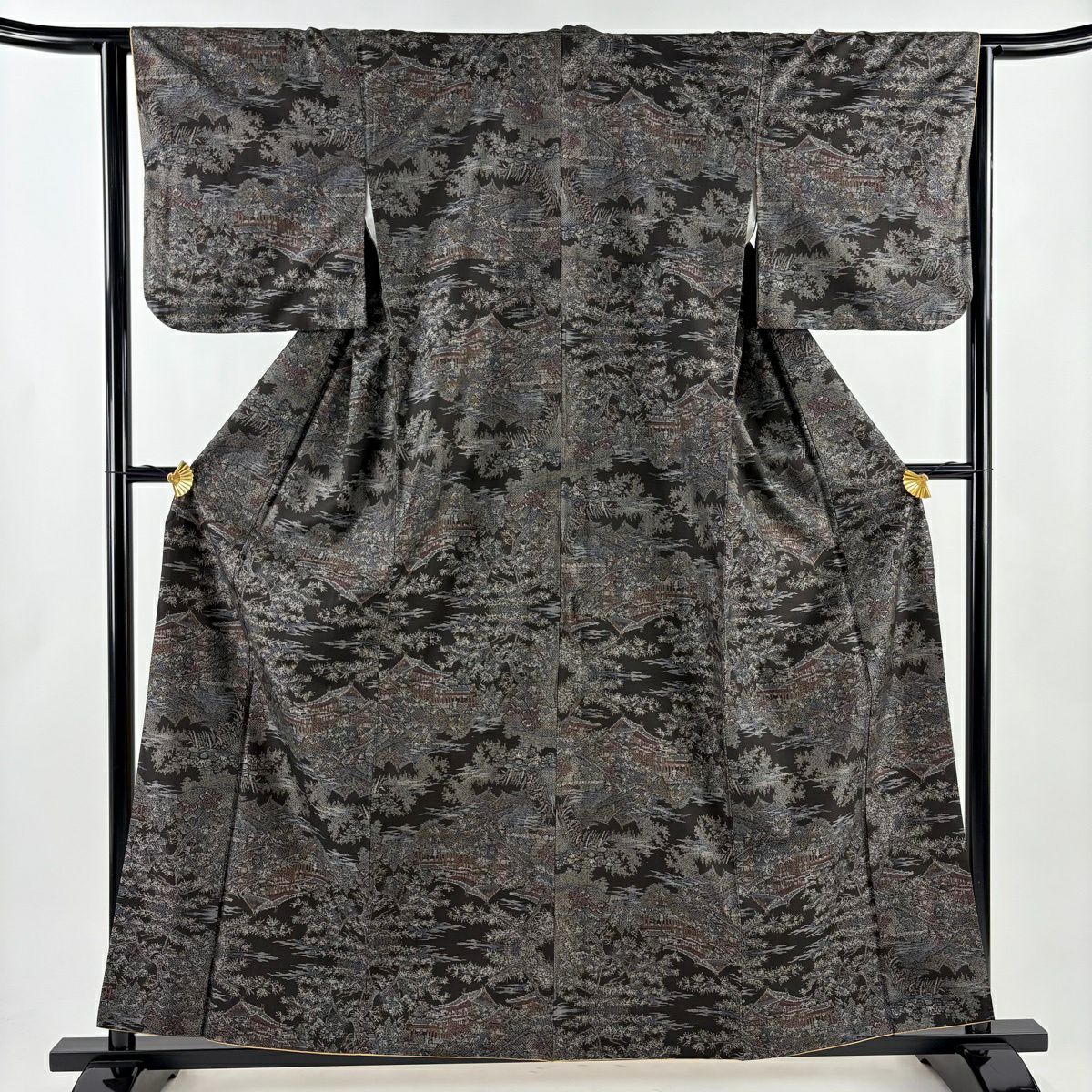 紬織 身長159.5cm 袖長63.5cm S 雙層 建物 樹木 焦茶 純蠶絲 逸品級