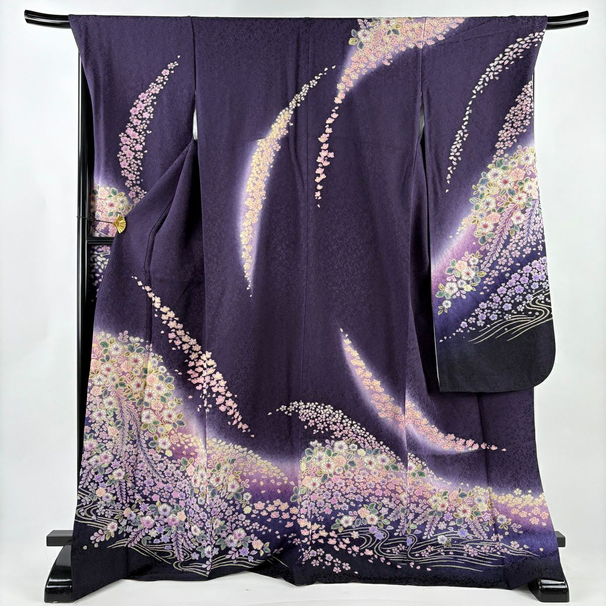 【美品】振袖禮服 身長171.5cm 袖長69cm L 雙層 大和 辻花染圖案 流水 金通 金銀彩 漸層 深紫 純蠶絲 逸品級