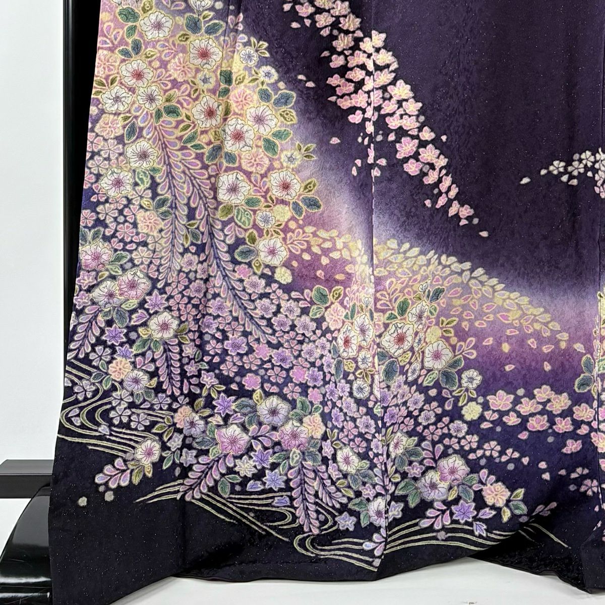 【美品】振袖禮服 身長171.5cm 袖長69cm L 雙層 大和 辻花染圖案 流水 金通 金銀彩 漸層 深紫 純蠶絲 逸品級