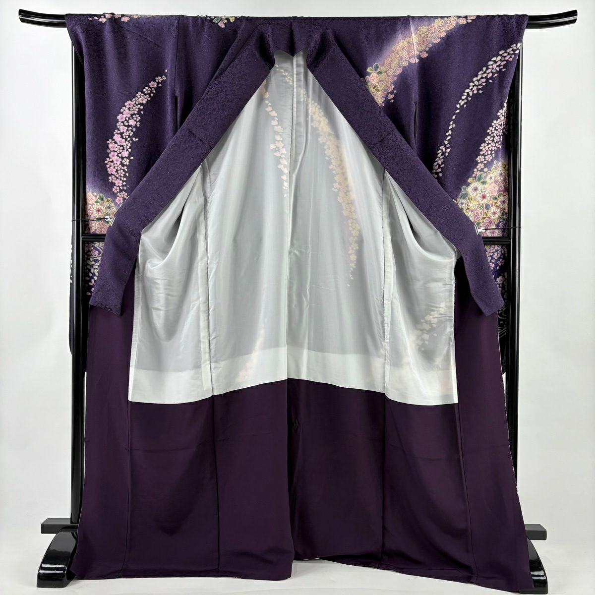 【美品】振袖禮服 身長171.5cm 袖長69cm L 雙層 大和 辻花染圖案 流水 金通 金銀彩 漸層 深紫 純蠶絲 逸品級