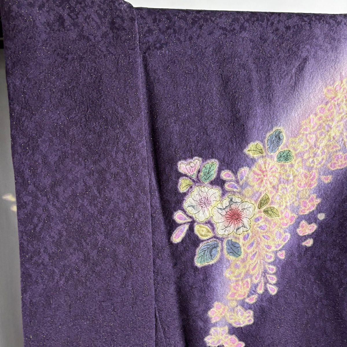 【美品】振袖禮服 身長171.5cm 袖長69cm L 雙層 大和 辻花染圖案 流水 金通 金銀彩 漸層 深紫 純蠶絲 逸品級