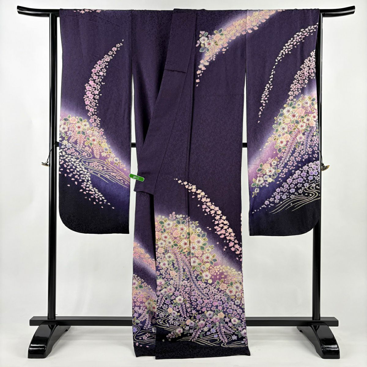 【美品】振袖禮服 身長171.5cm 袖長69cm L 雙層 大和 辻花染圖案 流水 金通 金銀彩 漸層 深紫 純蠶絲 逸品級