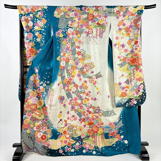 振袖禮服 身長167cm 袖長68cm L 雙層 松樹竹子梅花 菊花 金銀彩 青綠 純蠶絲 逸品級