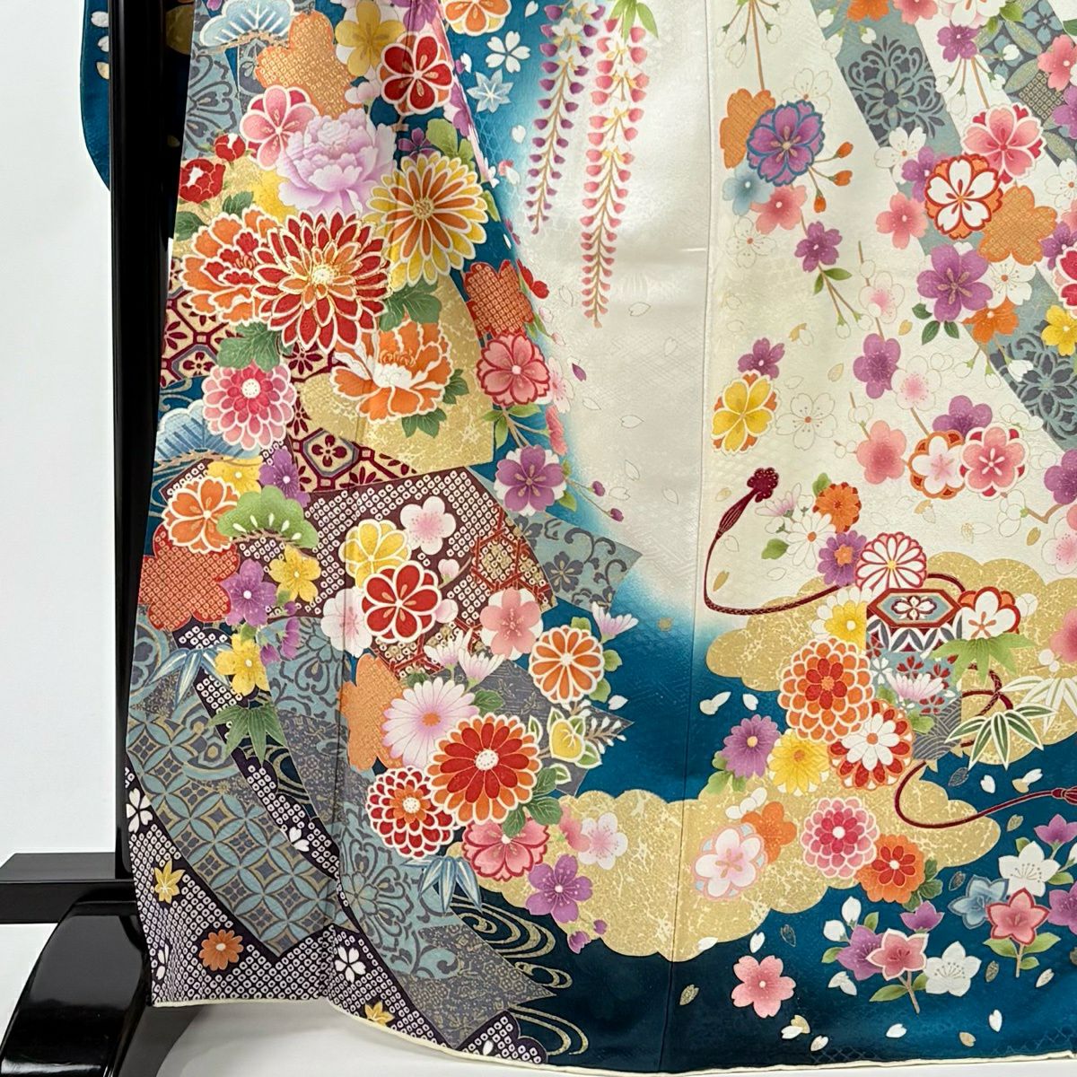 振袖禮服 身長167cm 袖長68cm L 雙層 松樹竹子梅花 菊花 金銀彩 青綠 純蠶絲 逸品級