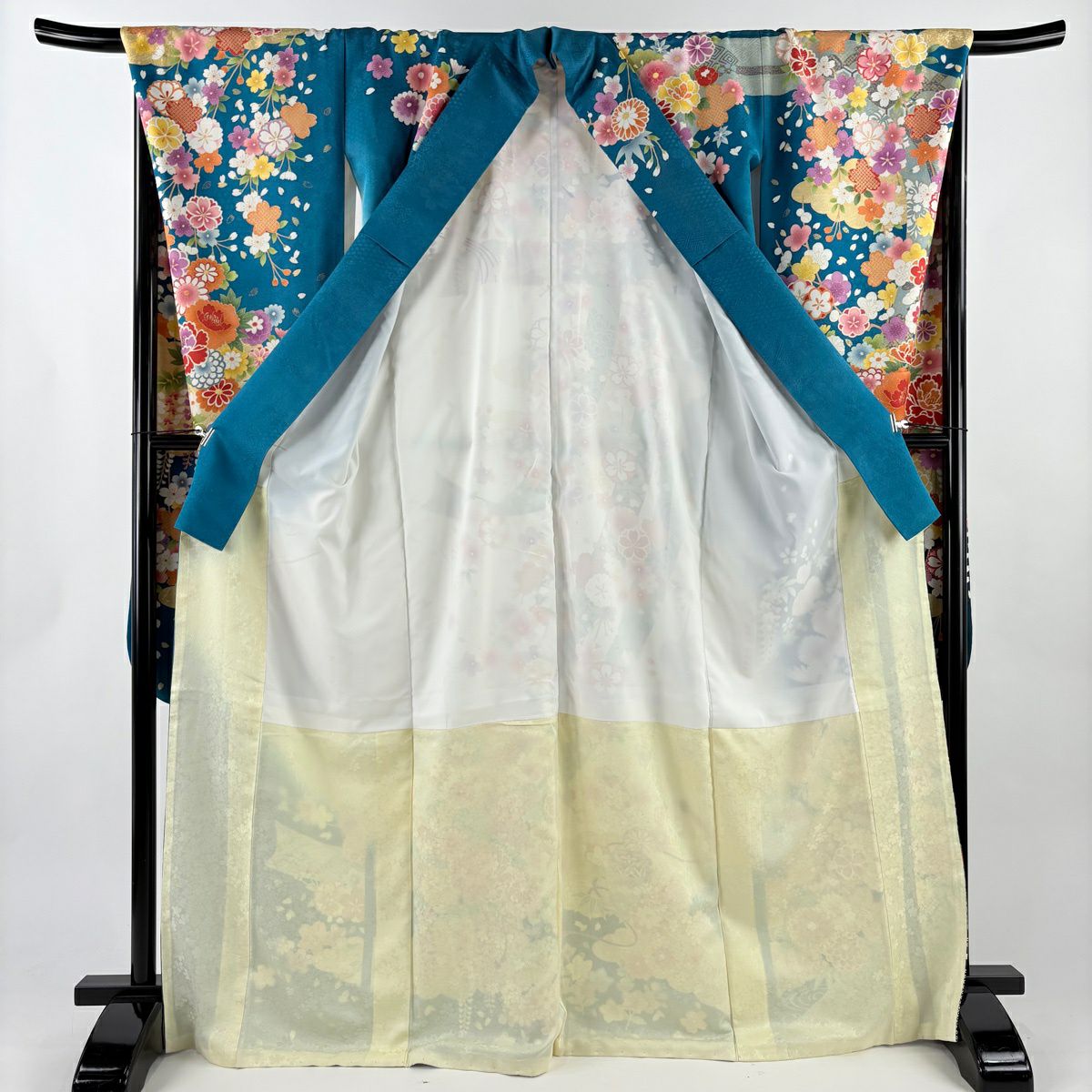 振袖禮服 身長167cm 袖長68cm L 雙層 松樹竹子梅花 菊花 金銀彩 青綠 純蠶絲 逸品級