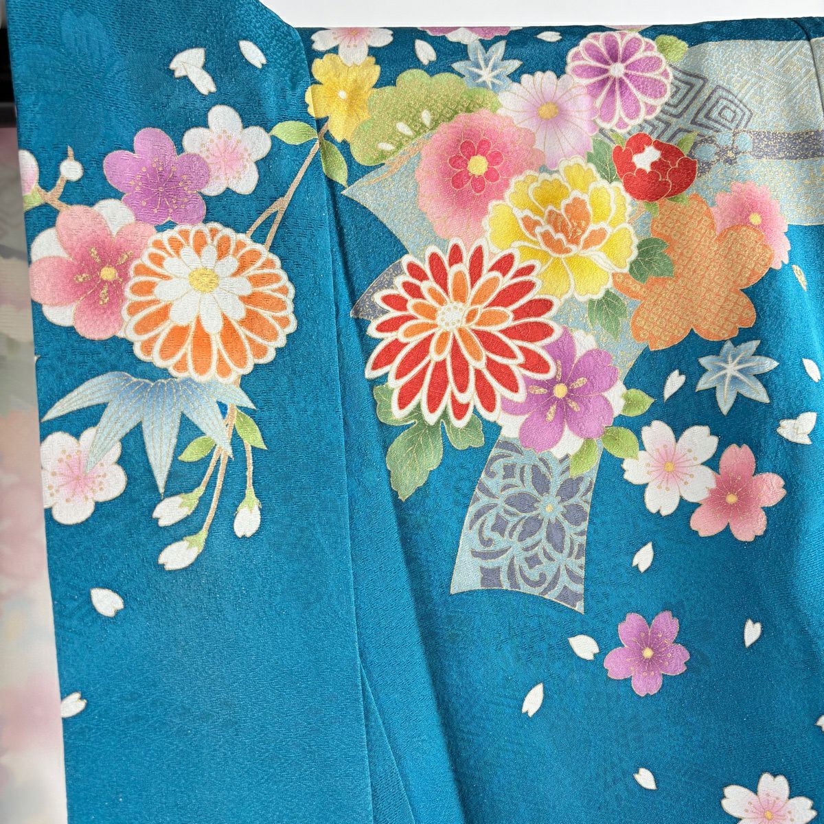 振袖禮服 身長167cm 袖長68cm L 雙層 松樹竹子梅花 菊花 金銀彩 青綠 純蠶絲 逸品級