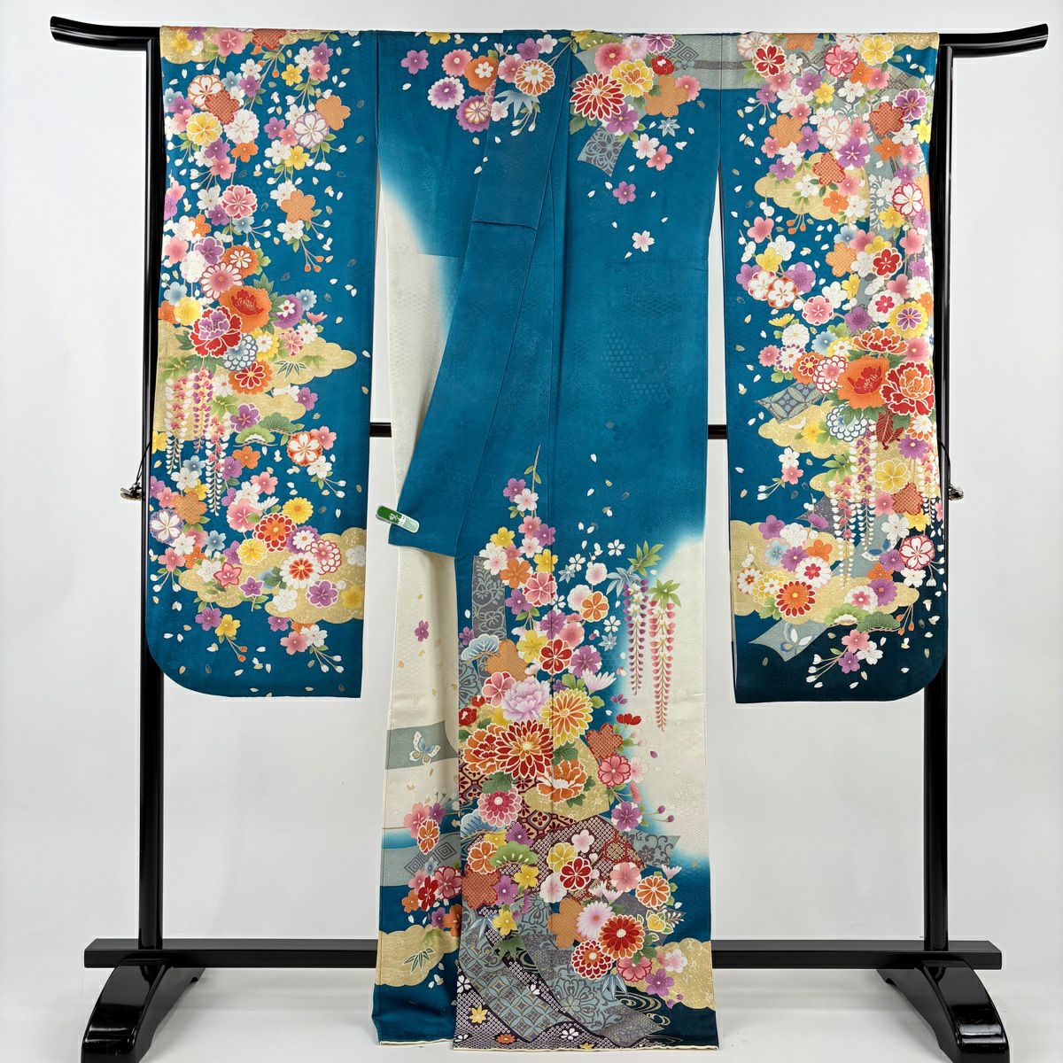 振袖禮服 身長167cm 袖長68cm L 雙層 松樹竹子梅花 菊花 金銀彩 青綠 純蠶絲 逸品級