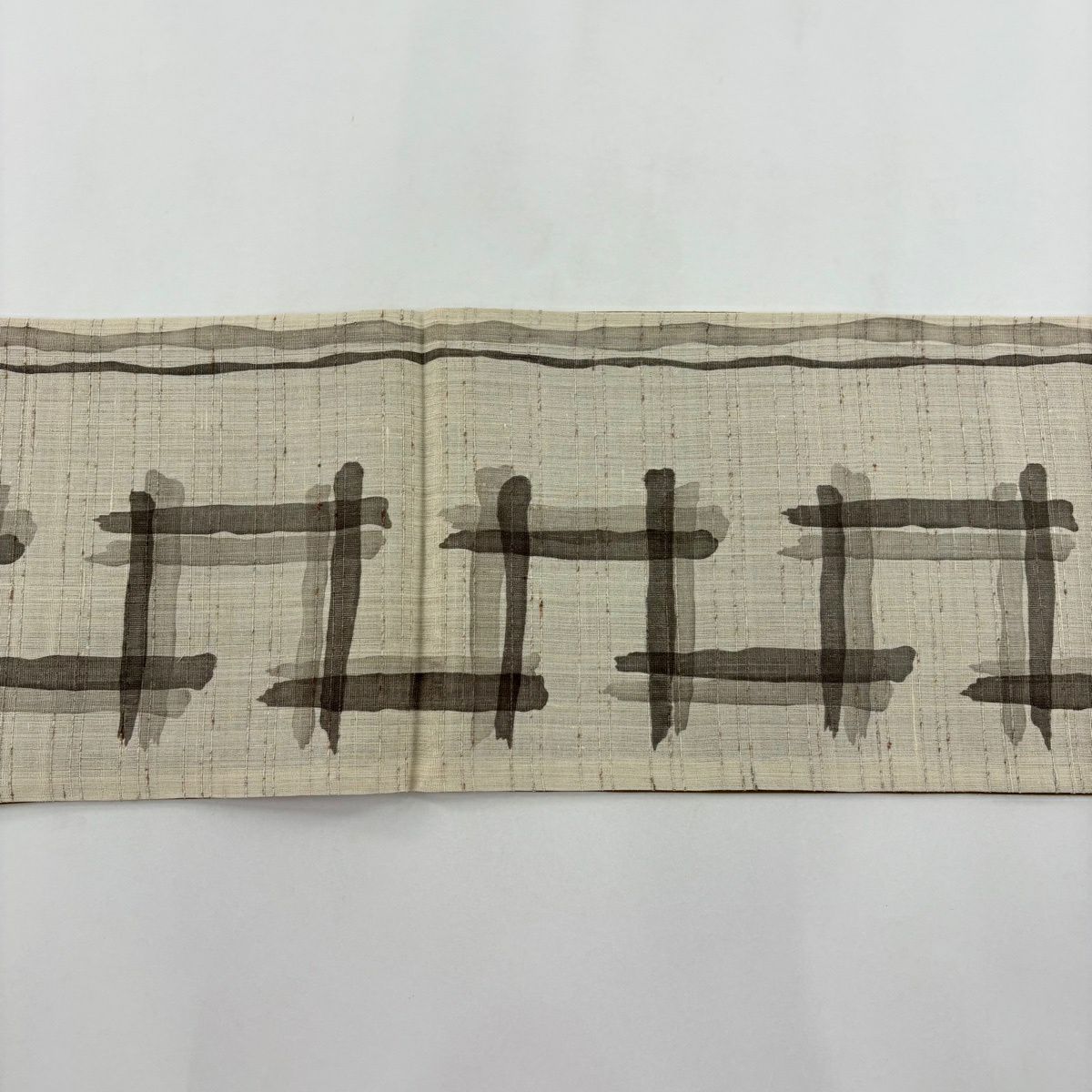 【美品】 袋帶 名品級 紬織織 幾何學 灰茶 全通 純蠶絲