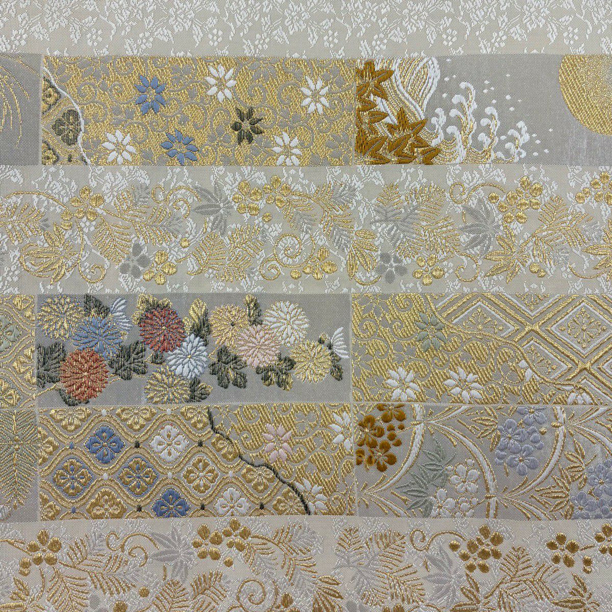 【美品】 袋帶 名品級 若松樹 菊花 金銀彩 金金箔 米色 六通 純蠶絲