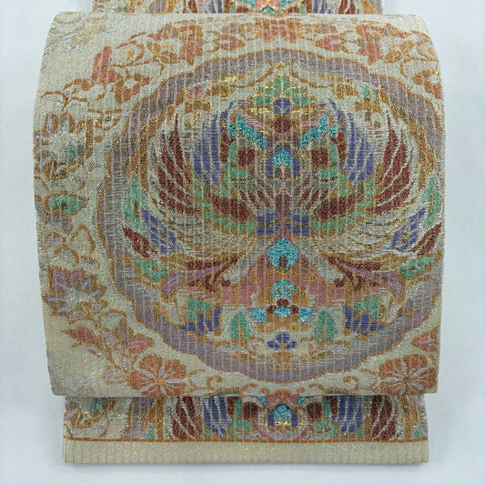 【美品】 袋帶 名品級 向鳥 草花紋 金絲 金金箔 金色 六通 純蠶絲
