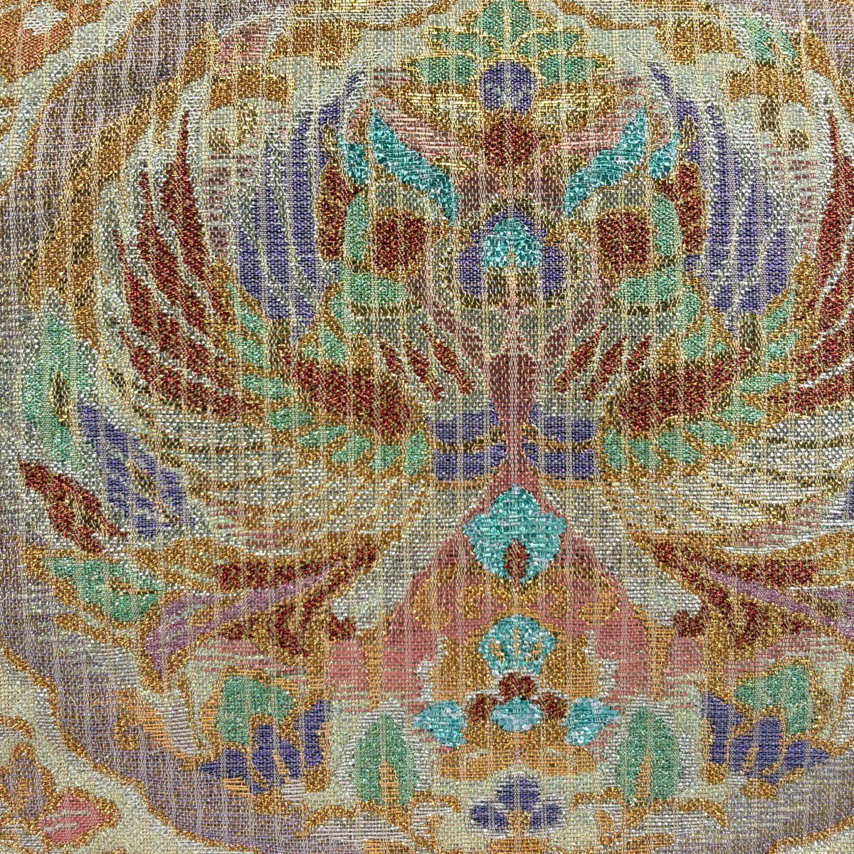 【美品】 袋帶 名品級 向鳥 草花紋 金絲 金金箔 金色 六通 純蠶絲