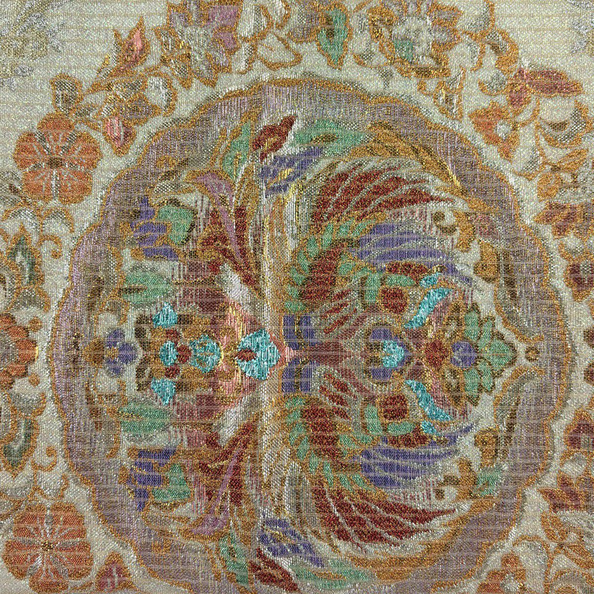 【美品】 袋帶 名品級 向鳥 草花紋 金絲 金金箔 金色 六通 純蠶絲
