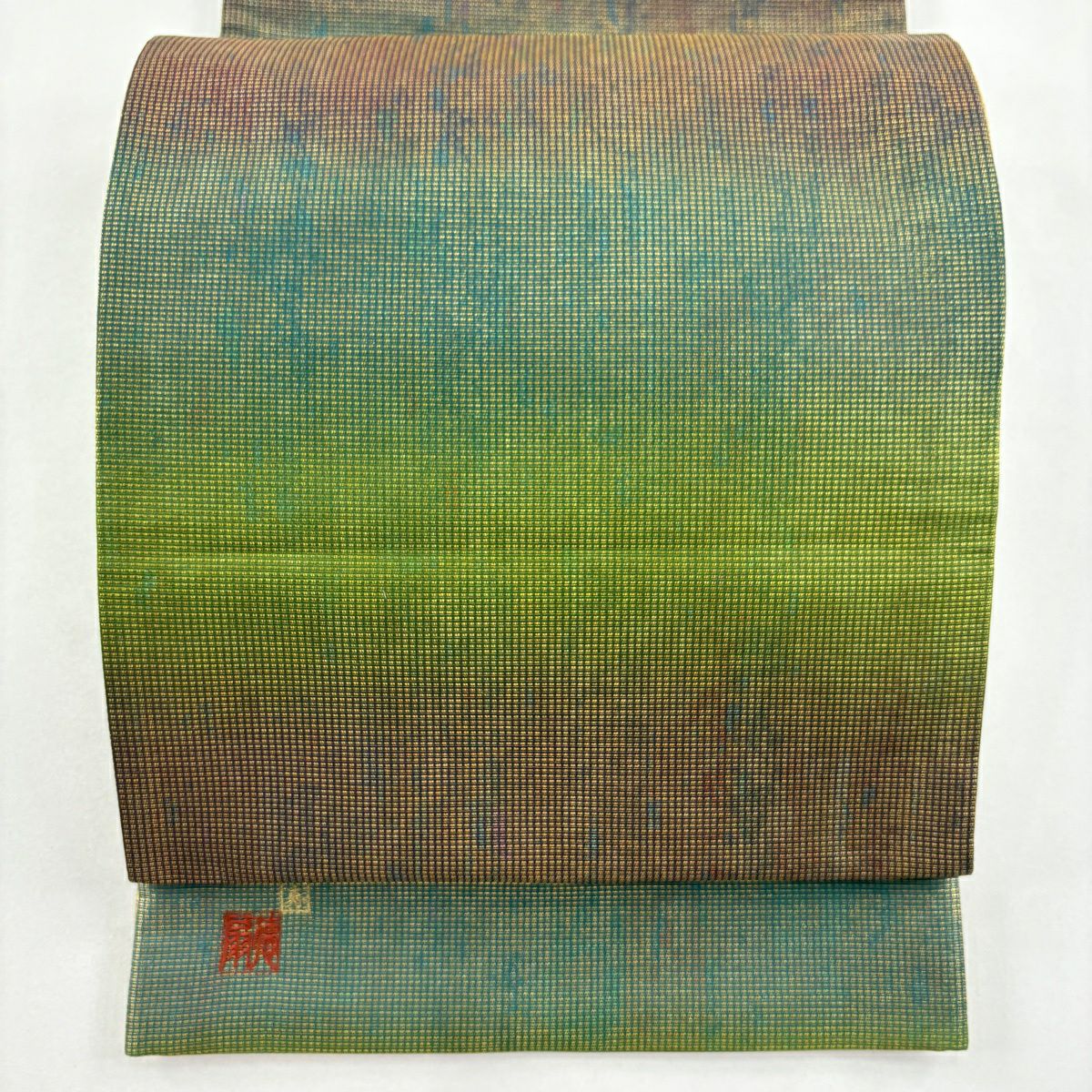 【美品】 袋帶 名品級 藤林德扇子 落款あり 段漸變 金絲 金金箔 茶綠 全通 純蠶絲