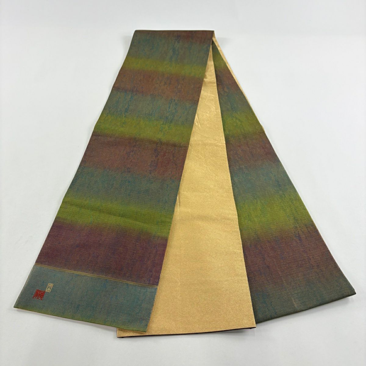 【美品】 袋帶 名品級 藤林德扇子 落款あり 段漸變 金絲 金金箔 茶綠 全通 純蠶絲
