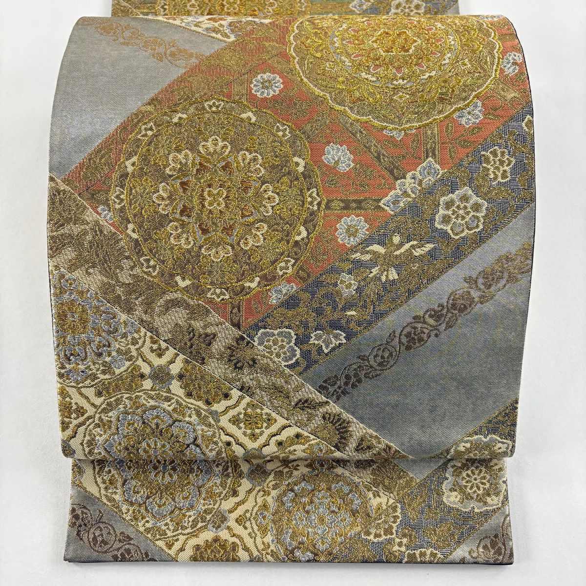 【美品】 袋帶 名品級 華紋 鳥 金銀彩 金色 六通 純蠶絲