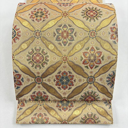 【美品】 袋帶 名品級 七寶華紋 金金箔 金色 六通 純蠶絲