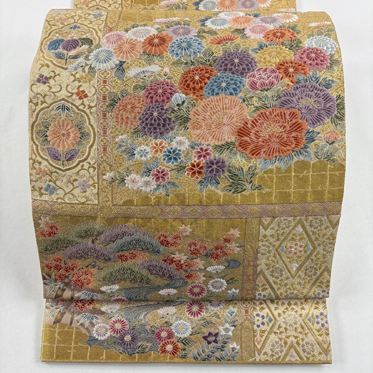 【美品】 袋帶 名品級 長嶋成織物 落款あり 書院花飾立 鳳凰 本金金箔 金糸 金色 六通 純蠶絲