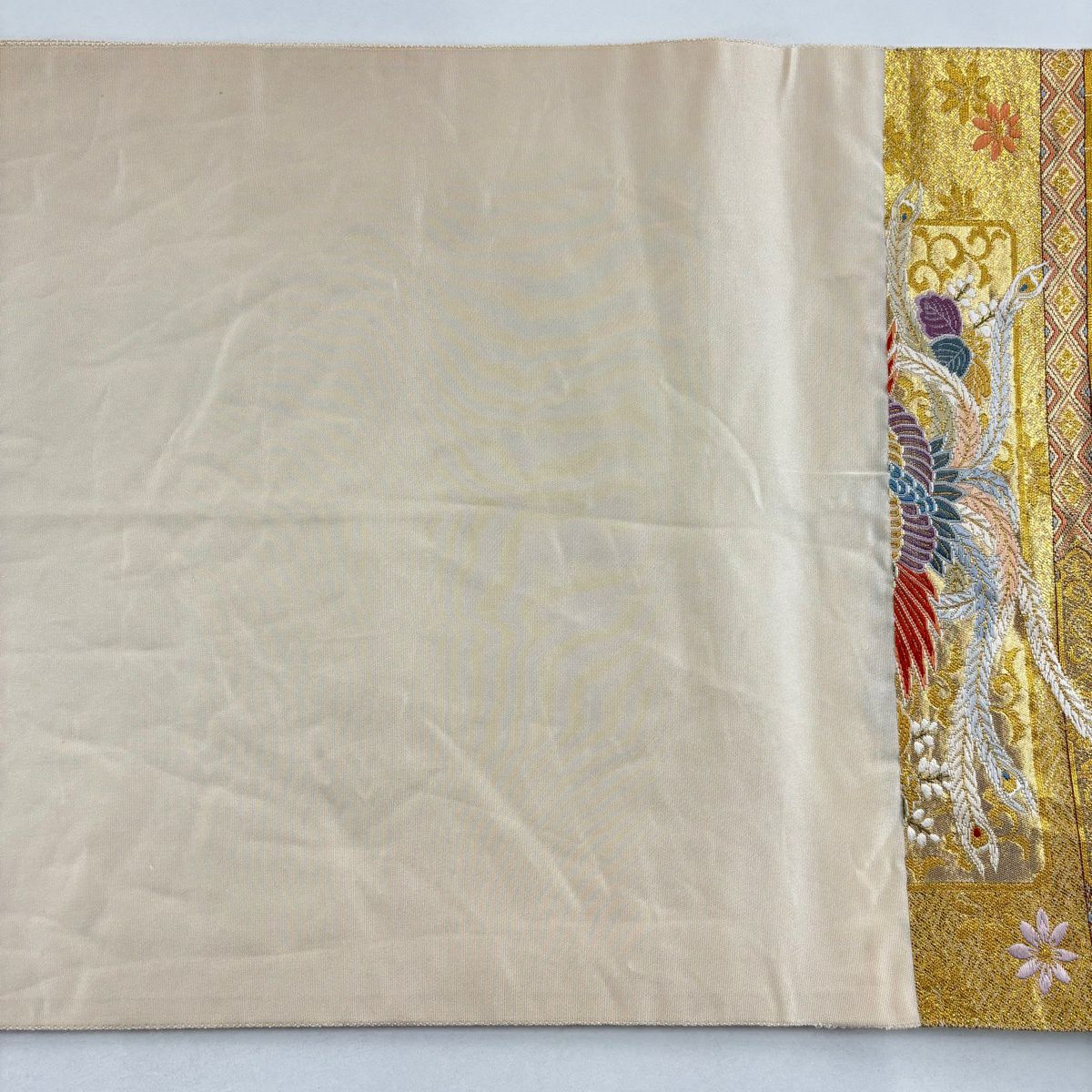 【美品】 袋帶 名品級 長嶋成織物 落款あり 書院花飾立 鳳凰 本金金箔 金糸 金色 六通 純蠶絲