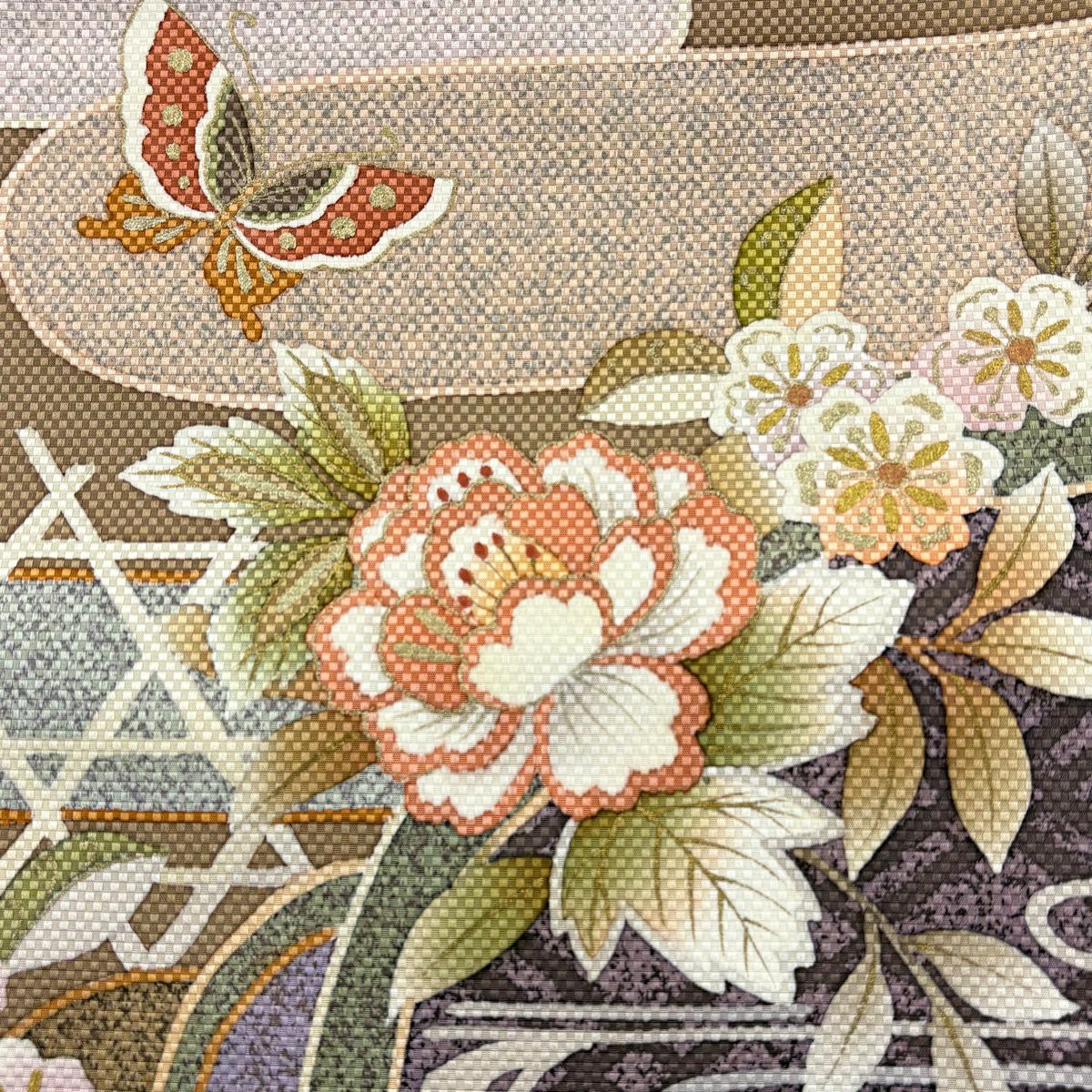 【美品】 袋帶 名品級 落款あり 草花紋紋 籠目 金銀彩 染分 薄茶 純蠶絲